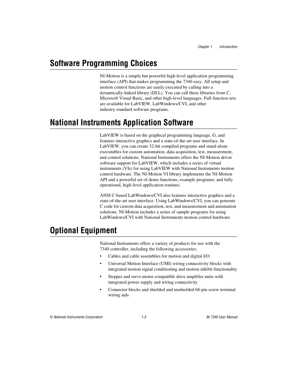 Software programming choices, National instruments application software, Optional equipment | National Instruments 7340 PCI User Manual | Page 11 / 67