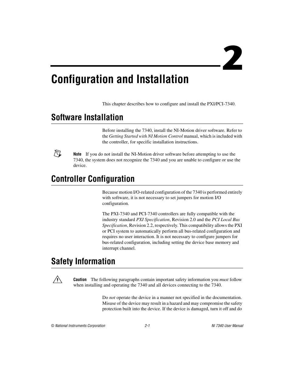 Chapter 2 configuration and installation, Software installation, Controller configuration | Safety information, Configuration and installation | National Instruments 7340 PCI User Manual | Page 13 / 67