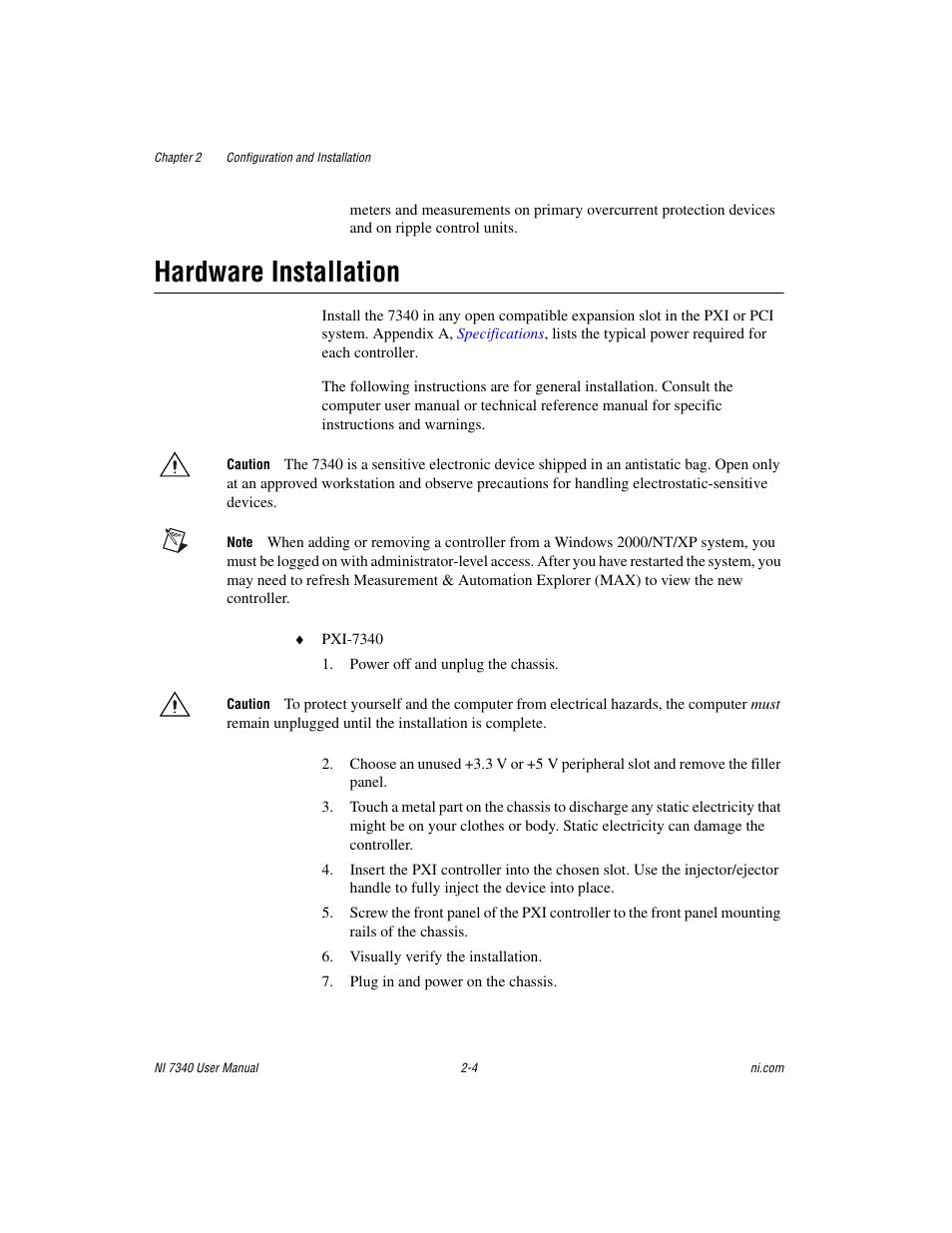 Hardware installation, Hardware installation -4 | National Instruments 7340 PCI User Manual | Page 16 / 67