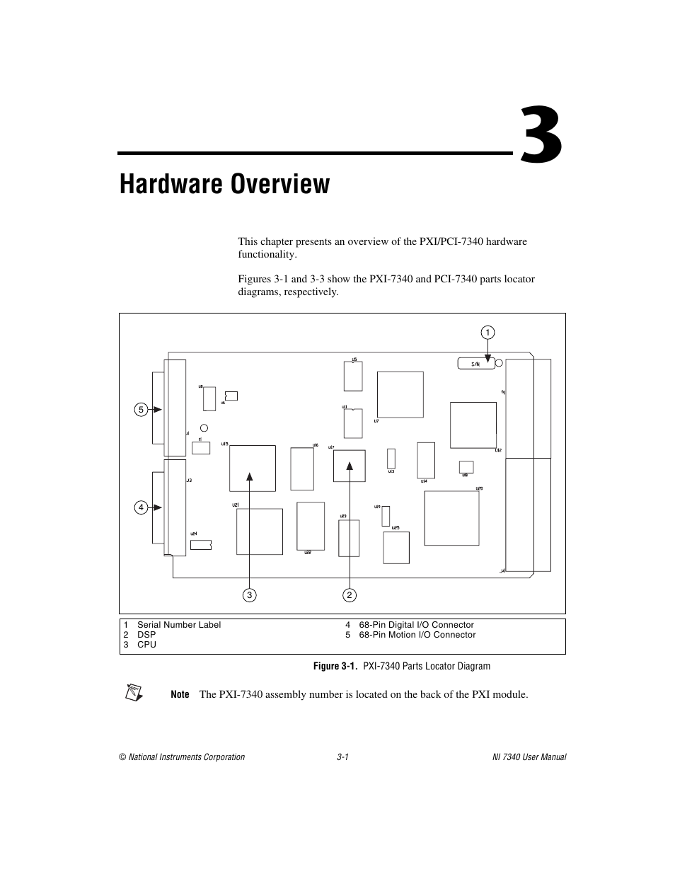Chapter 3 hardware overview, Figure 3-1. pxi-7340 parts locator diagram, Hardware overview | National Instruments 7340 PCI User Manual | Page 18 / 67