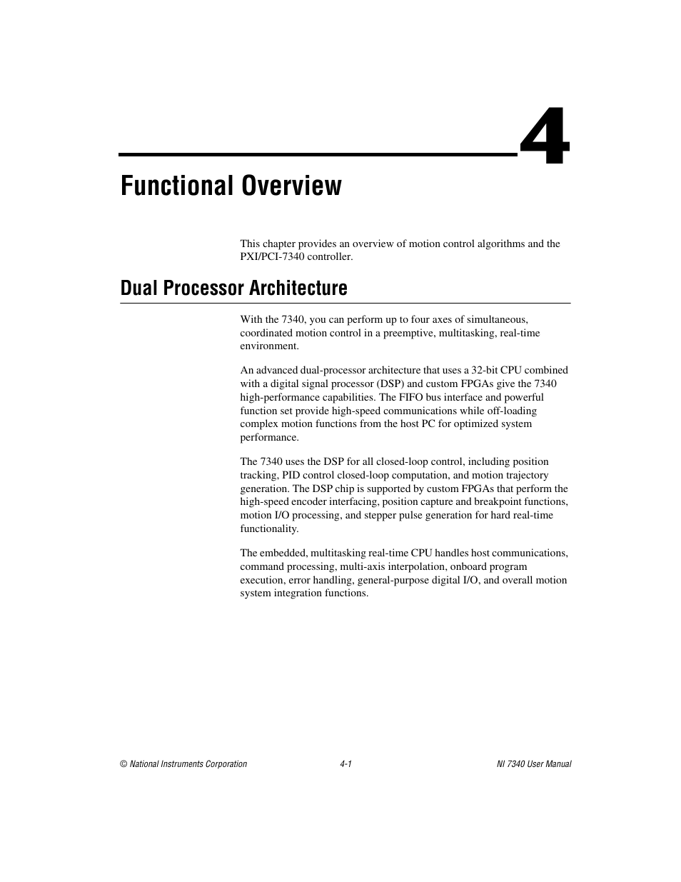 Chapter 4 functional overview, Dual processor architecture, Dual processor architecture -1 | Functional overview | National Instruments 7340 PCI User Manual | Page 21 / 67