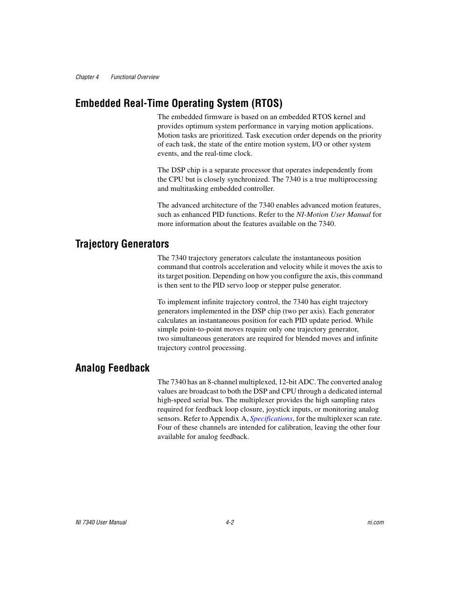 Embedded real-time operating system (rtos), Trajectory generators, Analog feedback | National Instruments 7340 PCI User Manual | Page 22 / 67