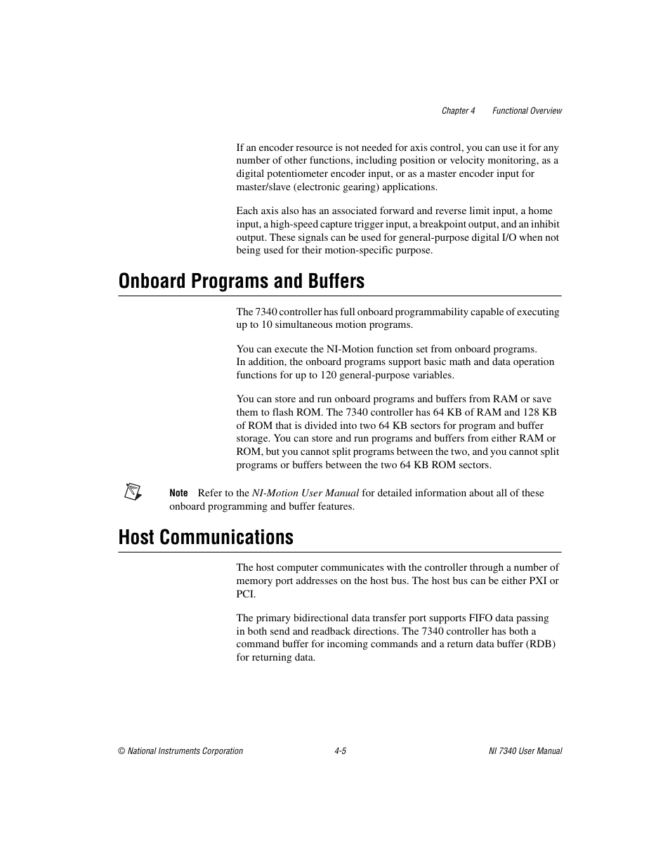 Onboard programs and buffers, Host communications | National Instruments 7340 PCI User Manual | Page 25 / 67