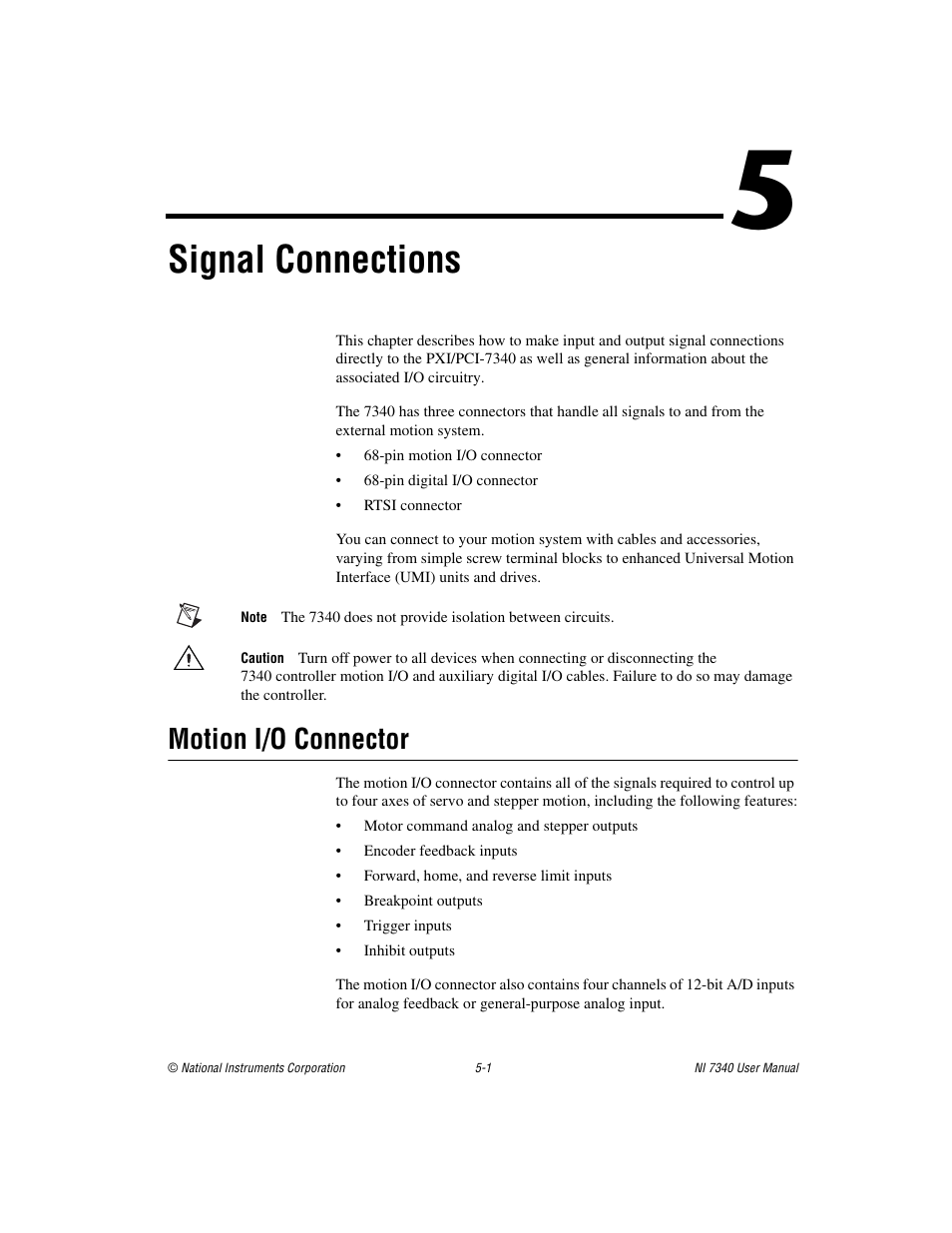 Chapter 5 signal connections, Motion i/o connector, Motion i/o connector -1 | Refer to chapter 5, Signal, Connections, For det, Signal connections | National Instruments 7340 PCI User Manual | Page 27 / 67