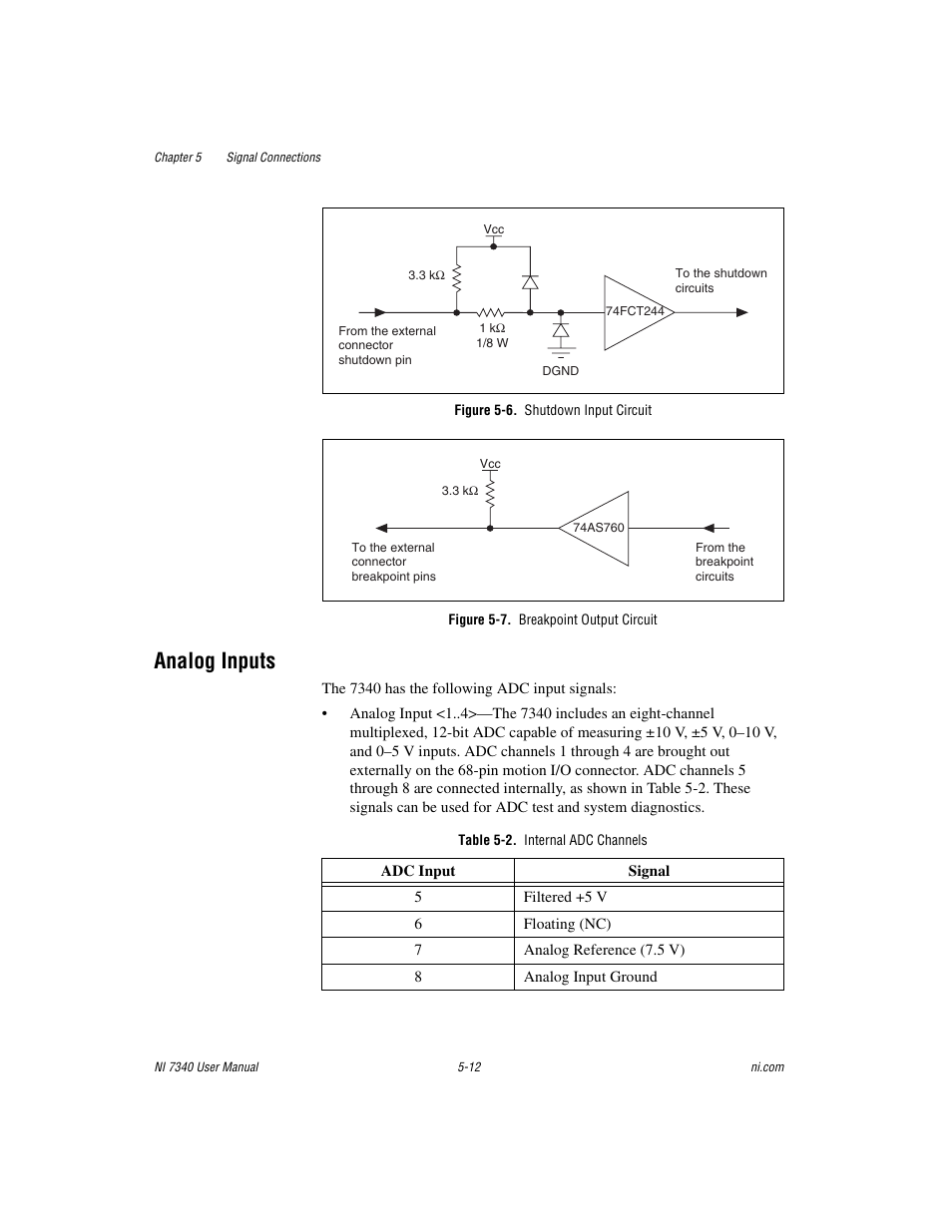 Figure 5-6. shutdown input circuit, Figure 5-7. breakpoint output circuit, Analog inputs | Table 5-2. internal adc channels, Analog inputs -12 | National Instruments 7340 PCI User Manual | Page 38 / 67