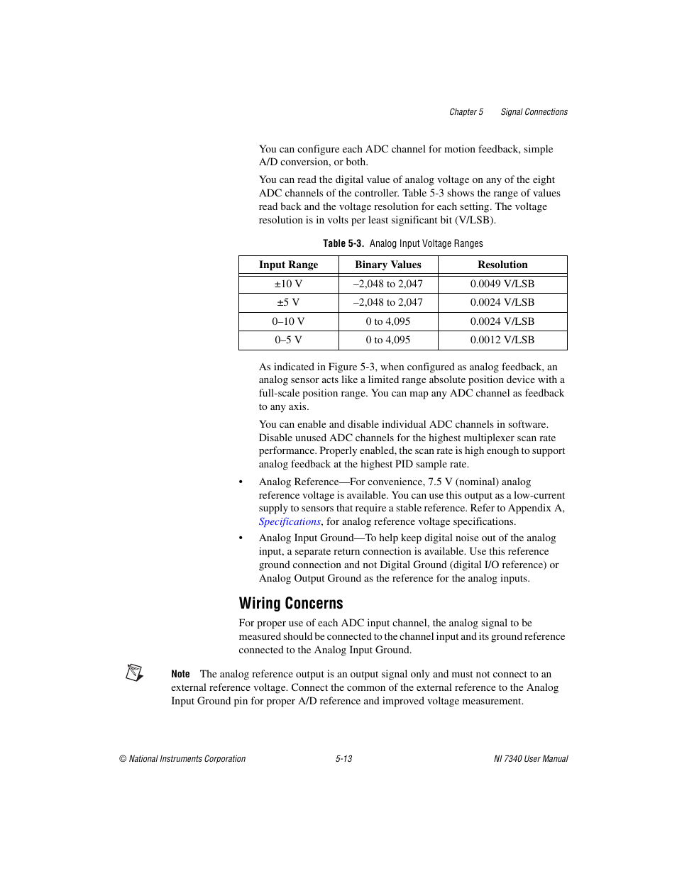 Table 5-3. analog input voltage ranges, Wiring concerns, Wiring concerns -13 | National Instruments 7340 PCI User Manual | Page 39 / 67