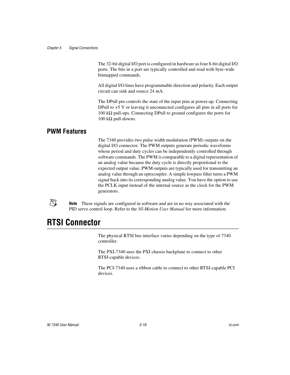 Pwm features, Rtsi connector, Pwm features -16 | Rtsi connector -16 | National Instruments 7340 PCI User Manual | Page 42 / 67