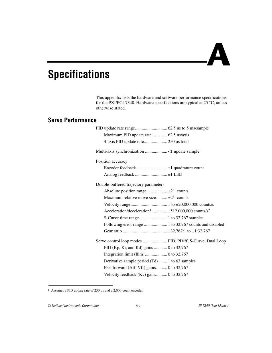 Appendix a specifications, To appendix a, Specifications | Appendix a, Servo performance | National Instruments 7340 PCI User Manual | Page 44 / 67
