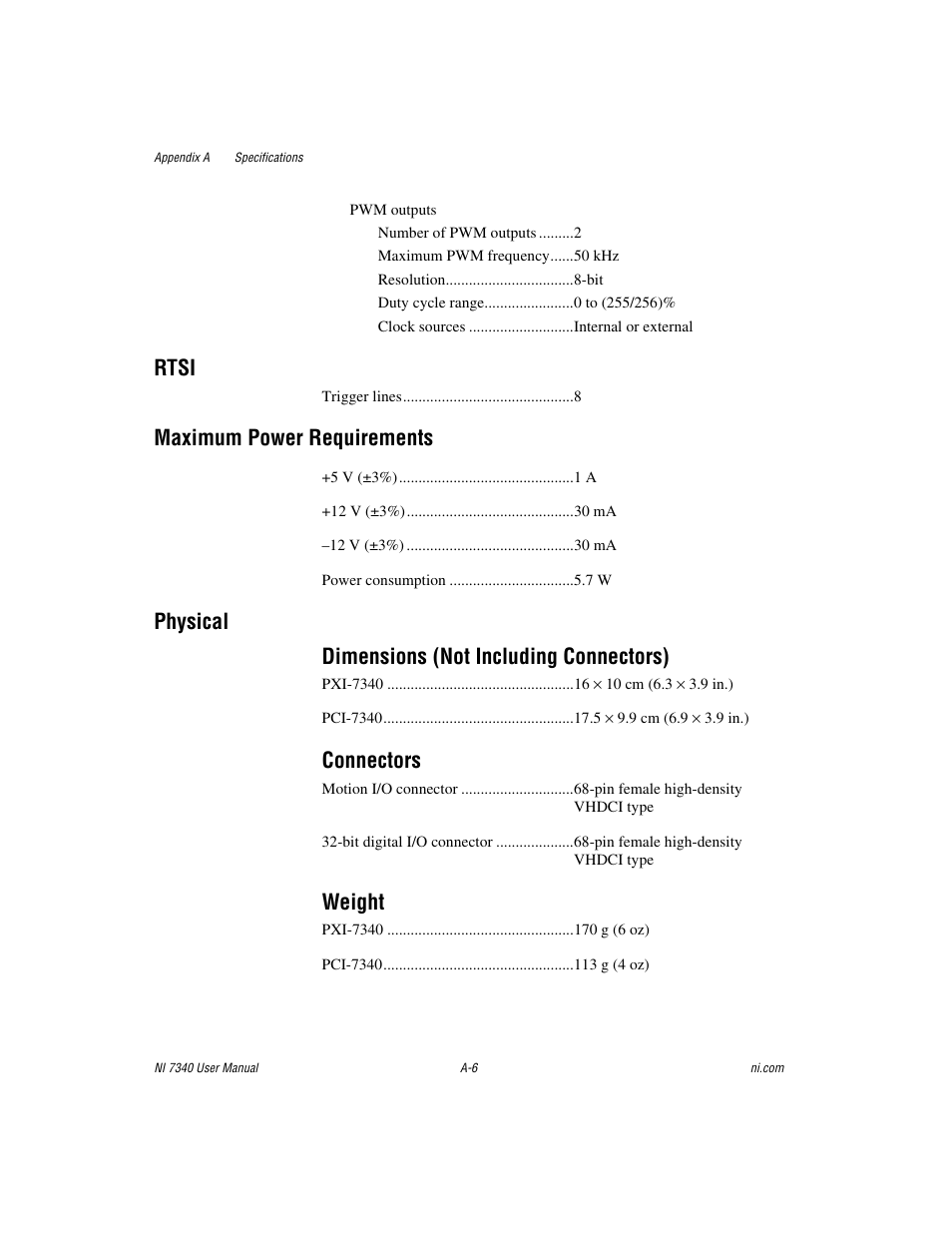 Rtsi, Maximum power requirements, Physical dimensions (not including connectors) | Connectors, Weight | National Instruments 7340 PCI User Manual | Page 49 / 67
