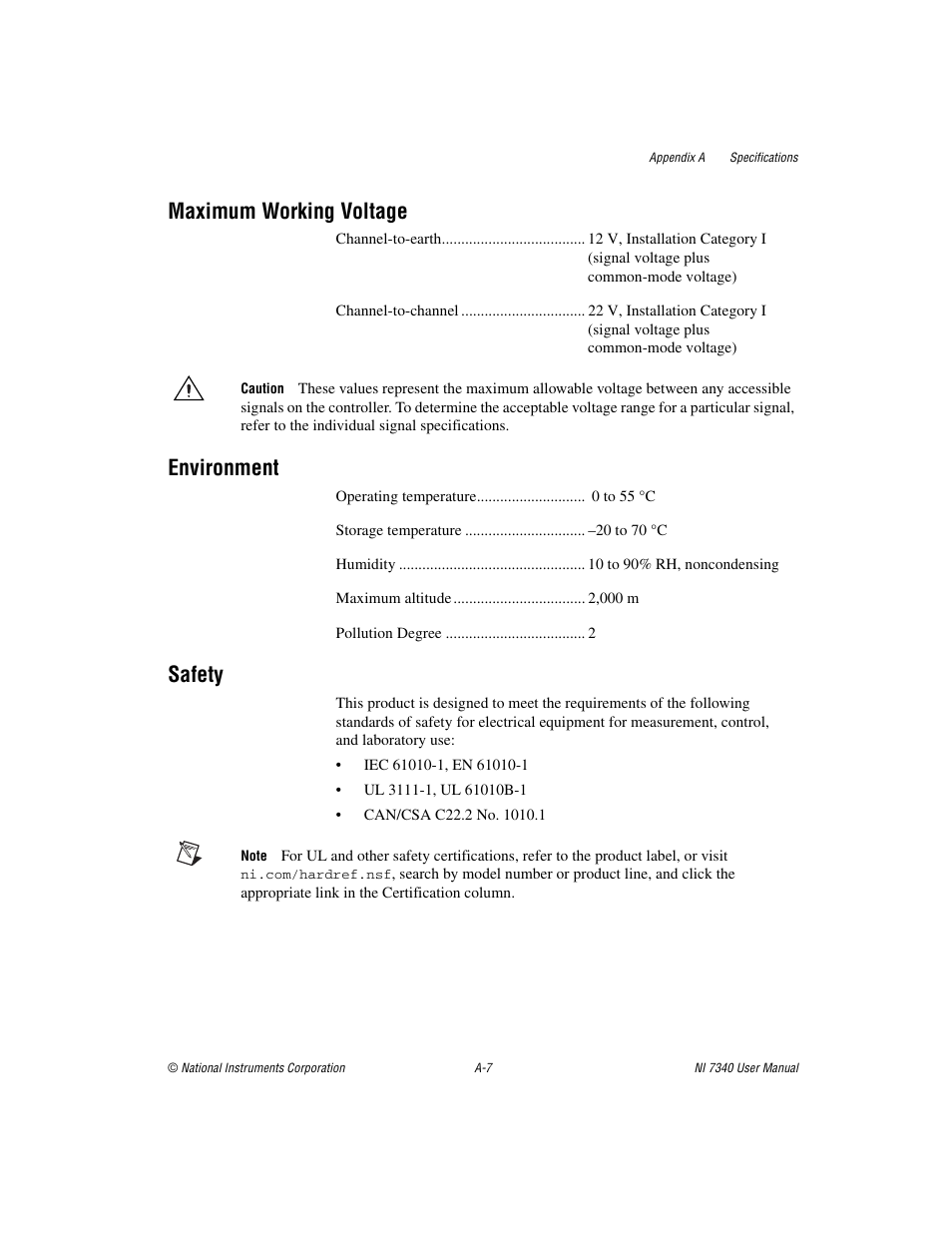 Maximum working voltage, Environment, Safety | National Instruments 7340 PCI User Manual | Page 50 / 67