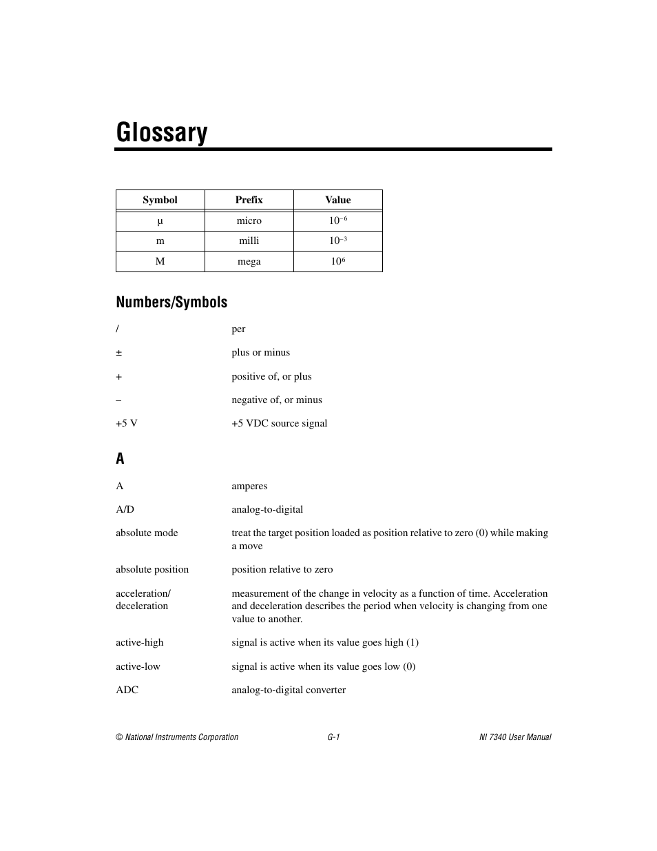 Glossary, Numbers/symbols | National Instruments 7340 PCI User Manual | Page 56 / 67