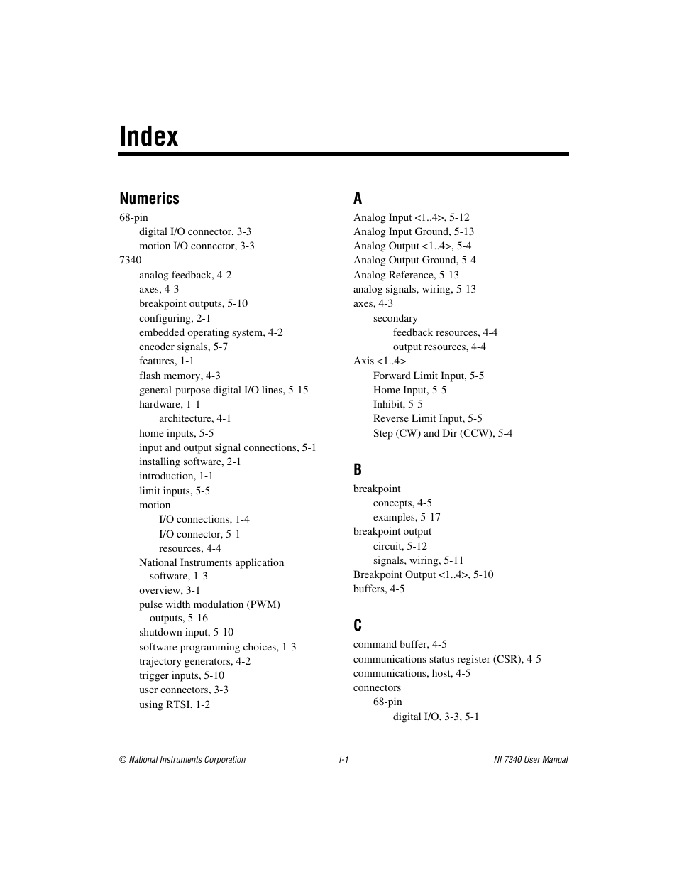 Index, Numerics | National Instruments 7340 PCI User Manual | Page 65 / 67