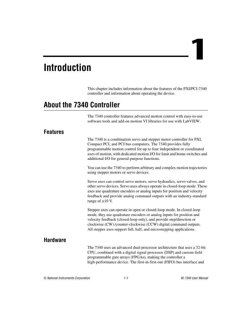 Chapter 1 introduction, About the 7340 controller, Features | Hardware, About the 7340 controller -1, Features -1 hardware -1, Introduction | National Instruments 7340 PCI User Manual | Page 9 / 67