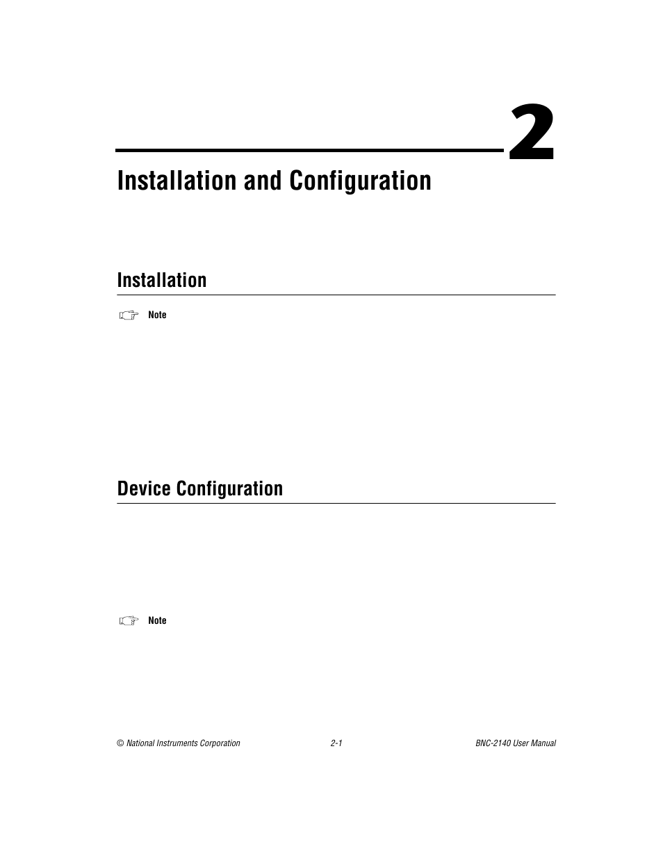 Chapter 2 installation and configuration, Installation, Device configuration | Installation -1 device configuration -1, Er 2, Installation and configuration | National Instruments BNC -2140 User Manual | Page 11 / 41