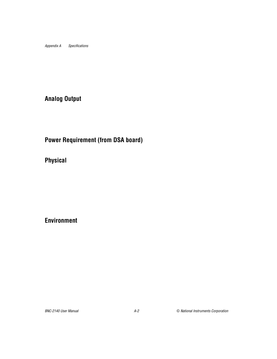 Analog output, Power requirement (from dsa board), Physical | Environment | National Instruments BNC -2140 User Manual | Page 23 / 41