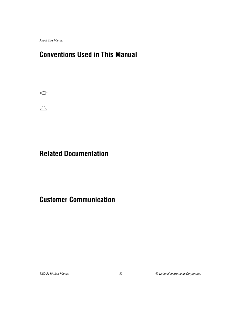 Conventions used in this manual, Related documentation, Customer communication | National Instruments BNC -2140 User Manual | Page 7 / 41