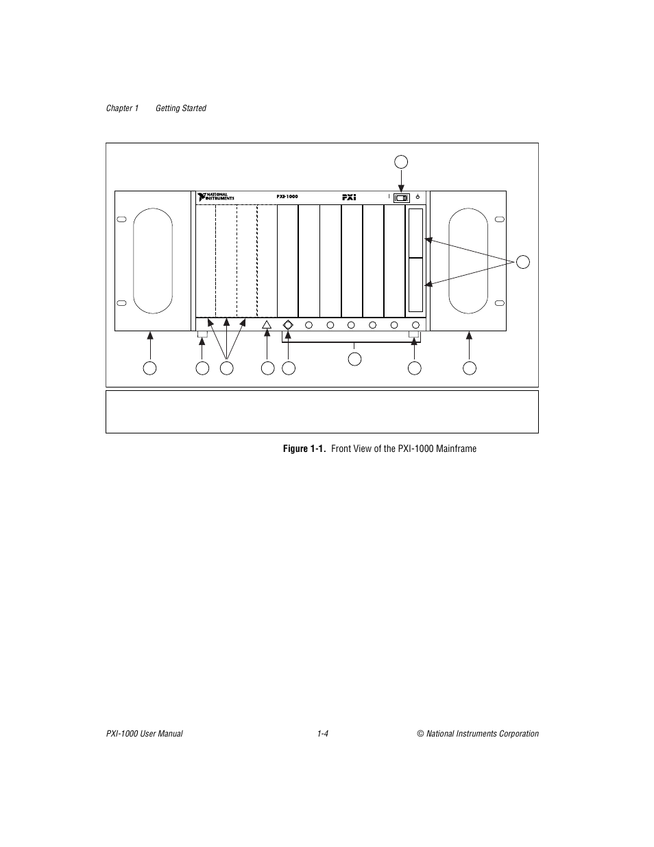 Figure 1-1. front view of the pxi-1000 mainframe, Figure 1-1, Front view of the pxi-1000 mainframe -4 | Res 1-1, Re 1-1 sho | National Instruments PXI PXITM -1000 User Manual | Page 14 / 55