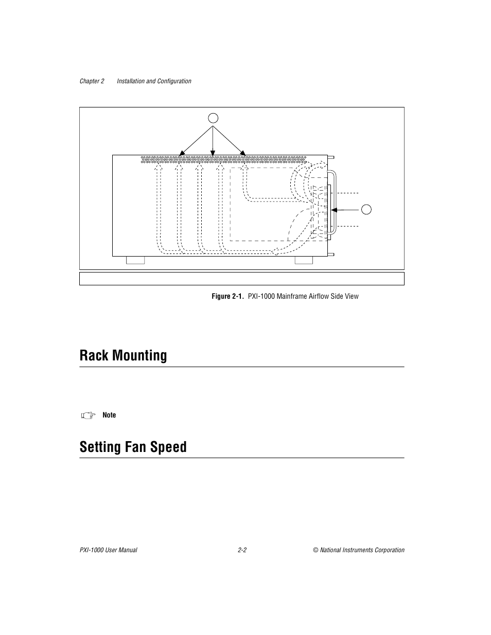 Rack mounting, Setting fan speed, Figure 2-1. pxi 1000 mainframe airflow side view | Rack mounting -2 setting fan speed -2, Figure 2-1, Pxi-1000 mainframe airflow side view -2 | National Instruments PXI PXITM -1000 User Manual | Page 19 / 55