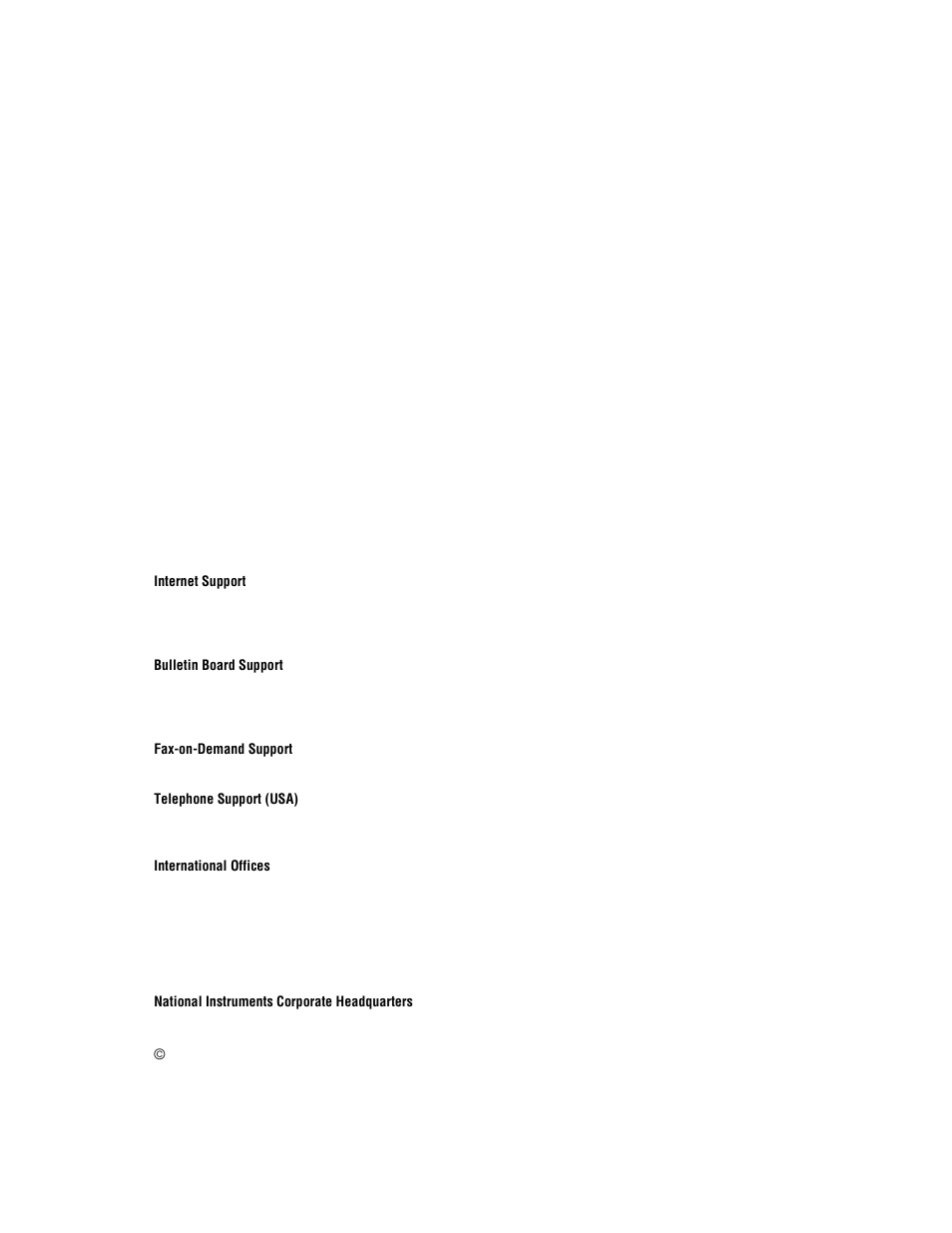 Support, Internet support, Bulletin board support | Fax-on-demand support, Telephone support (usa), International offices, National instruments corporate headquarters | National Instruments PXI PXITM -1000 User Manual | Page 2 / 55
