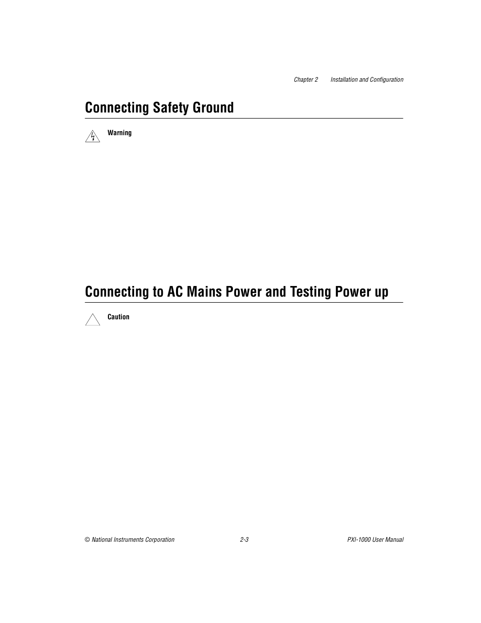 Connecting safety ground, Connecting to ac mains power and testing power up, Connecting | Safety ground | National Instruments PXI PXITM -1000 User Manual | Page 20 / 55