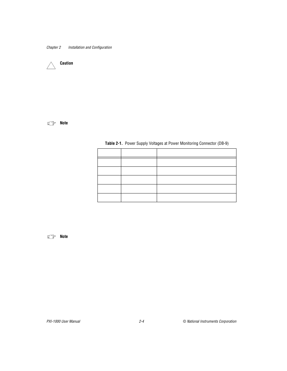 Table 2-1. power supply voltages at power monitori, Table 2-1 | National Instruments PXI PXITM -1000 User Manual | Page 21 / 55