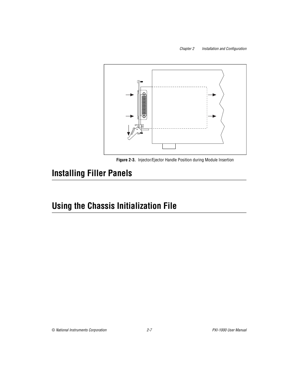 Installing filler panels, Using the chassis initialization file, Figure 2-3. injector/ejector handle position durin | Figure 2-3 | National Instruments PXI PXITM -1000 User Manual | Page 24 / 55