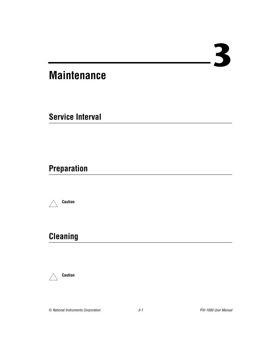 Chapter 3 maintenance, Service interval, Preparation | Cleaning, Service interval -1 preparation -1, Cleaning -1, Maintenance | National Instruments PXI PXITM -1000 User Manual | Page 25 / 55