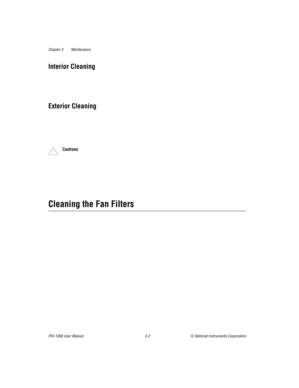 Interior cleaning, Exterior cleaning, Cleaning the fan filters | Interior cleaning -2 exterior cleaning -2, Cleaning the fan filters -2 | National Instruments PXI PXITM -1000 User Manual | Page 26 / 55
