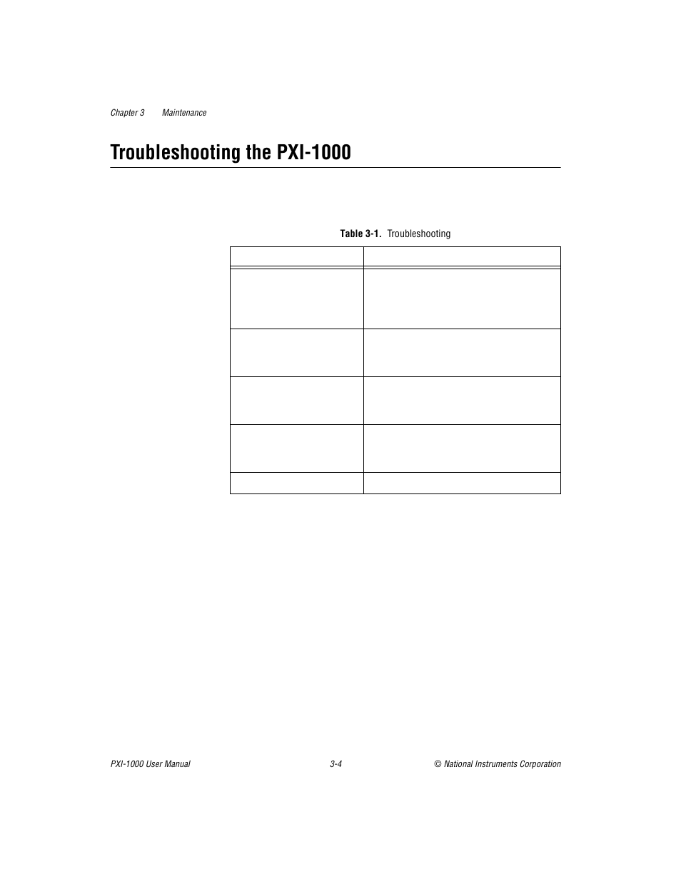 Troubleshooting the pxi-1000, Table 3-1. troubleshooting, Troubleshooting the pxi-1000 -4 | Table 3-1, Troubleshooting -4, Troubleshooting the, Pxi-1000 | National Instruments PXI PXITM -1000 User Manual | Page 28 / 55