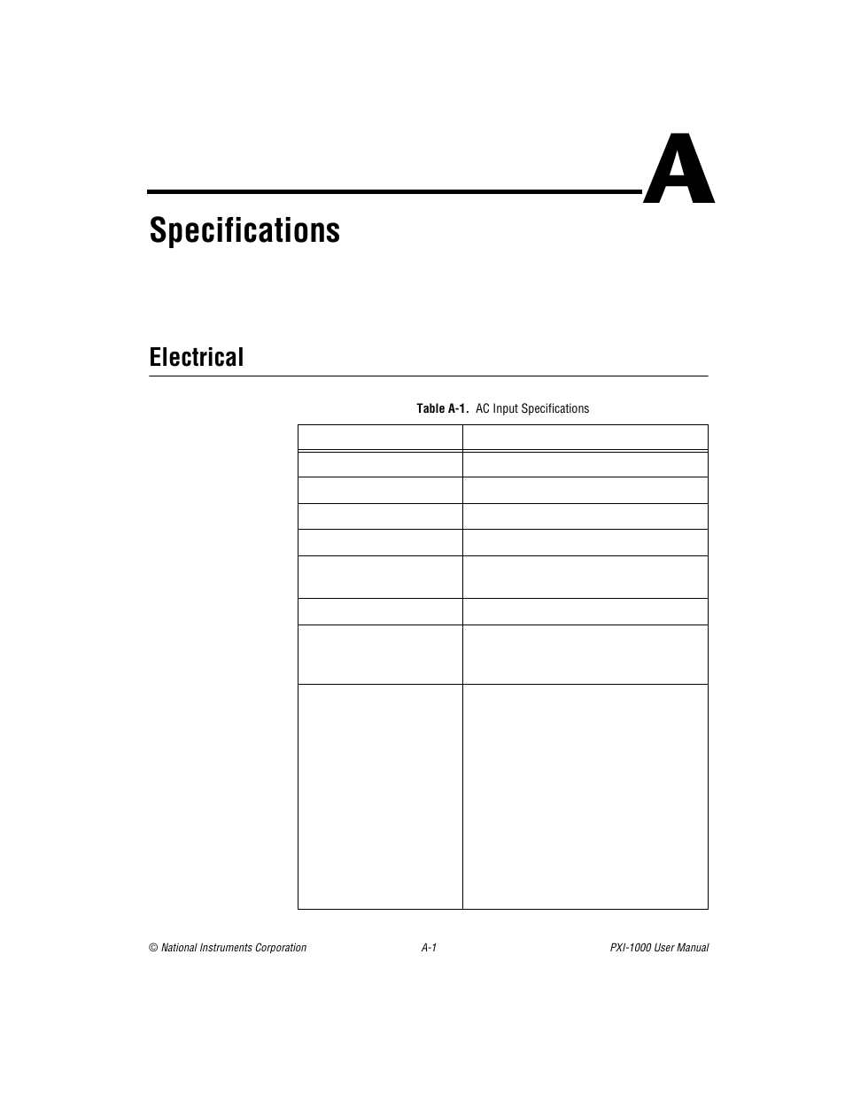 Appendix a specifications, Electrical, Table a-1. ac input specifications | Table a-1, Specifications, Ix a | National Instruments PXI PXITM -1000 User Manual | Page 29 / 55