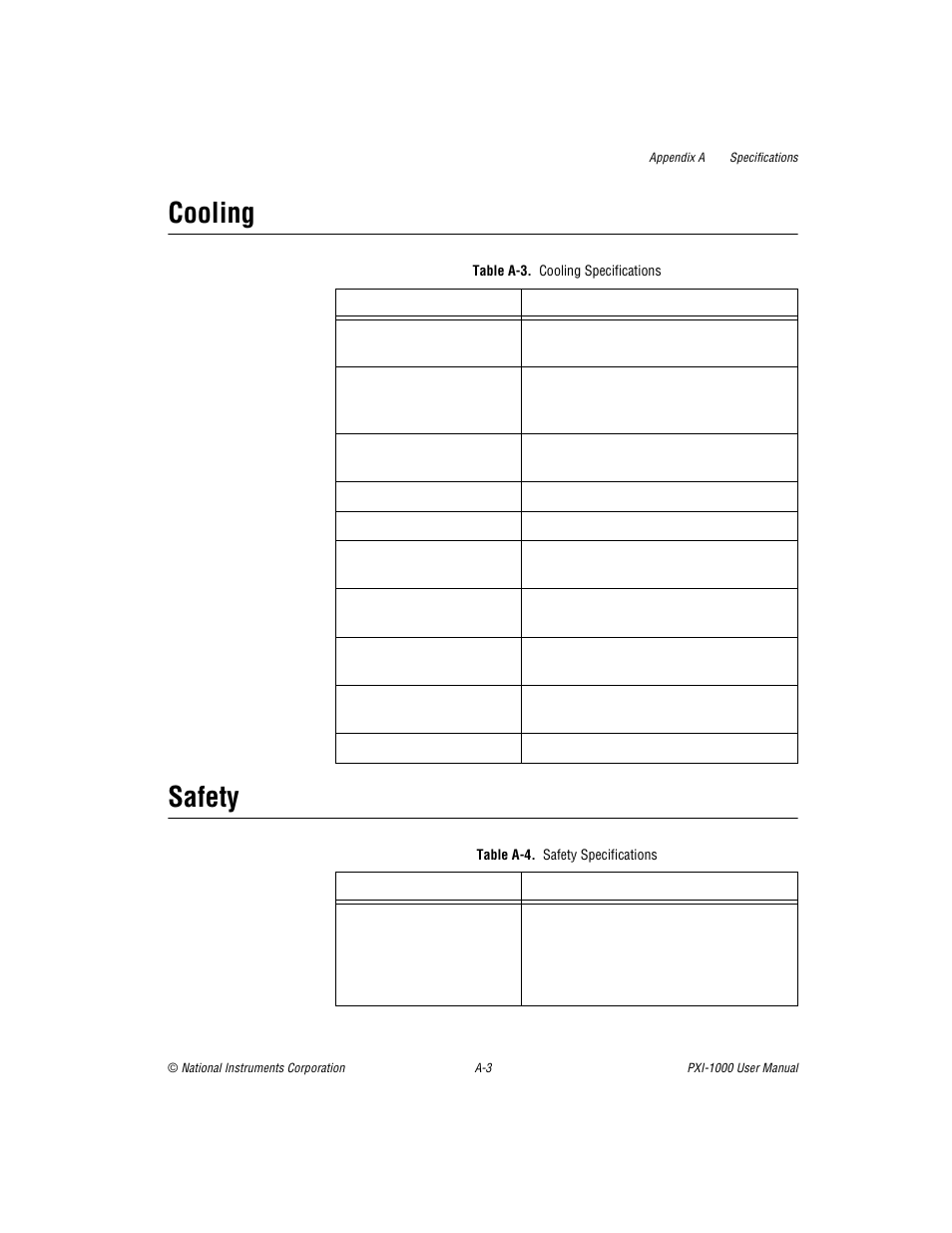 Cooling, Safety, Table a-3. cooling specifications | Table a-4. safety specifications, Table a-3, Table a-4, Cooling safety | National Instruments PXI PXITM -1000 User Manual | Page 31 / 55