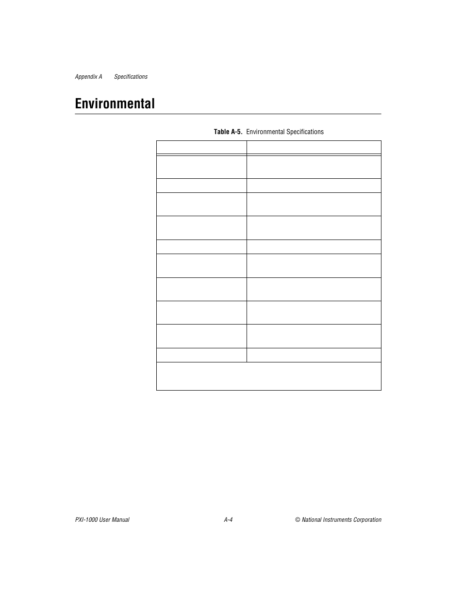 Environmental, Table a-5. environmental specifications, Table a-5 | National Instruments PXI PXITM -1000 User Manual | Page 32 / 55