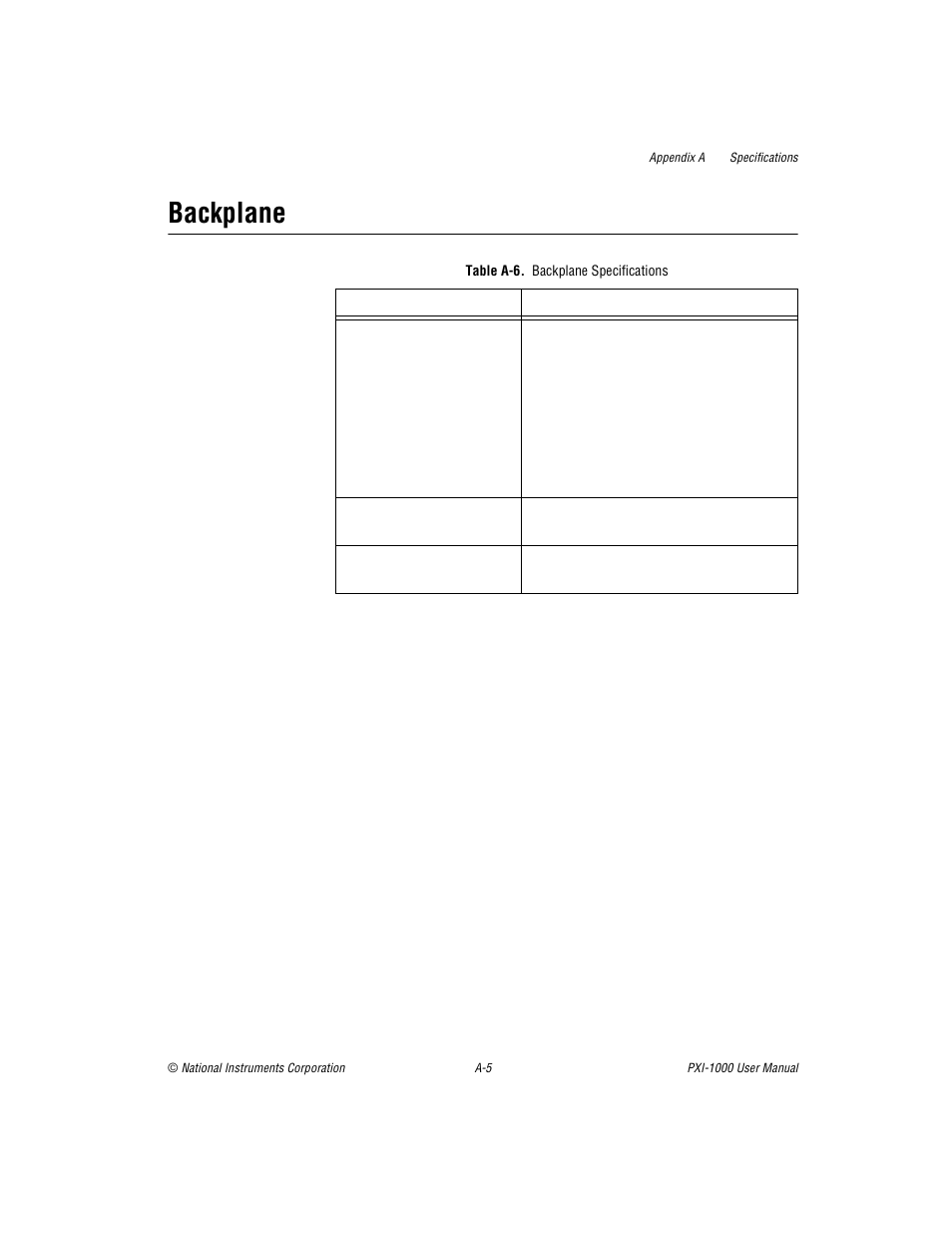 Backplane, Table a-6. backplane specifications, Table a-6 | National Instruments PXI PXITM -1000 User Manual | Page 33 / 55