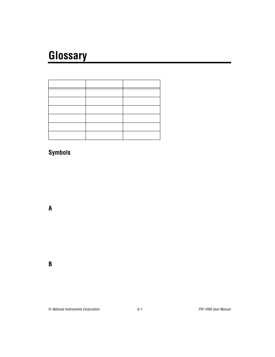 Glossary, Symbols | National Instruments PXI PXITM -1000 User Manual | Page 49 / 55