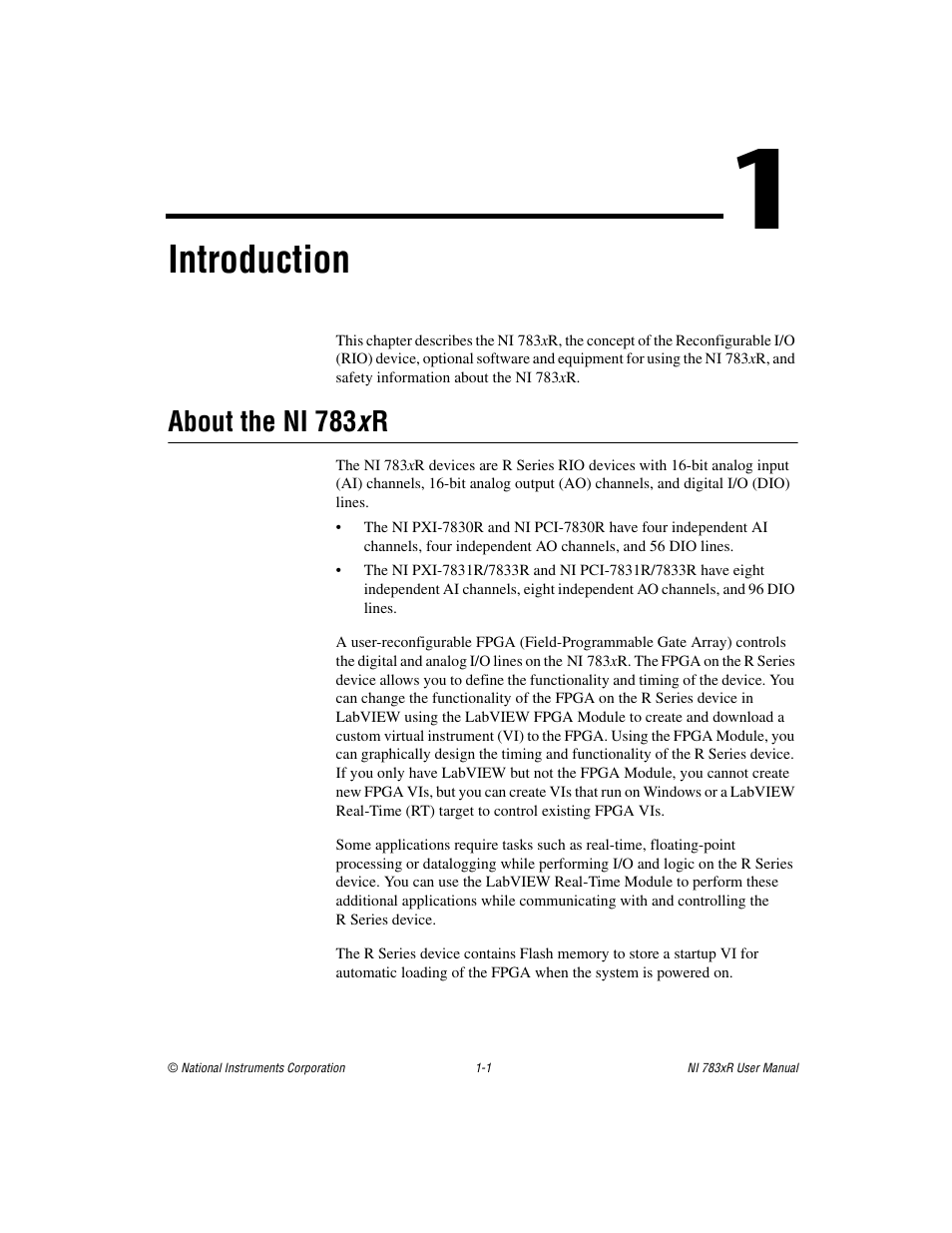 Chapter 1 introduction, About the ni 783x r, About the ni 783 x r -1 | Ter 1, Introduction, For precautions to tak, About the ni 783 x r | National Instruments NI 783xR User Manual | Page 10 / 73