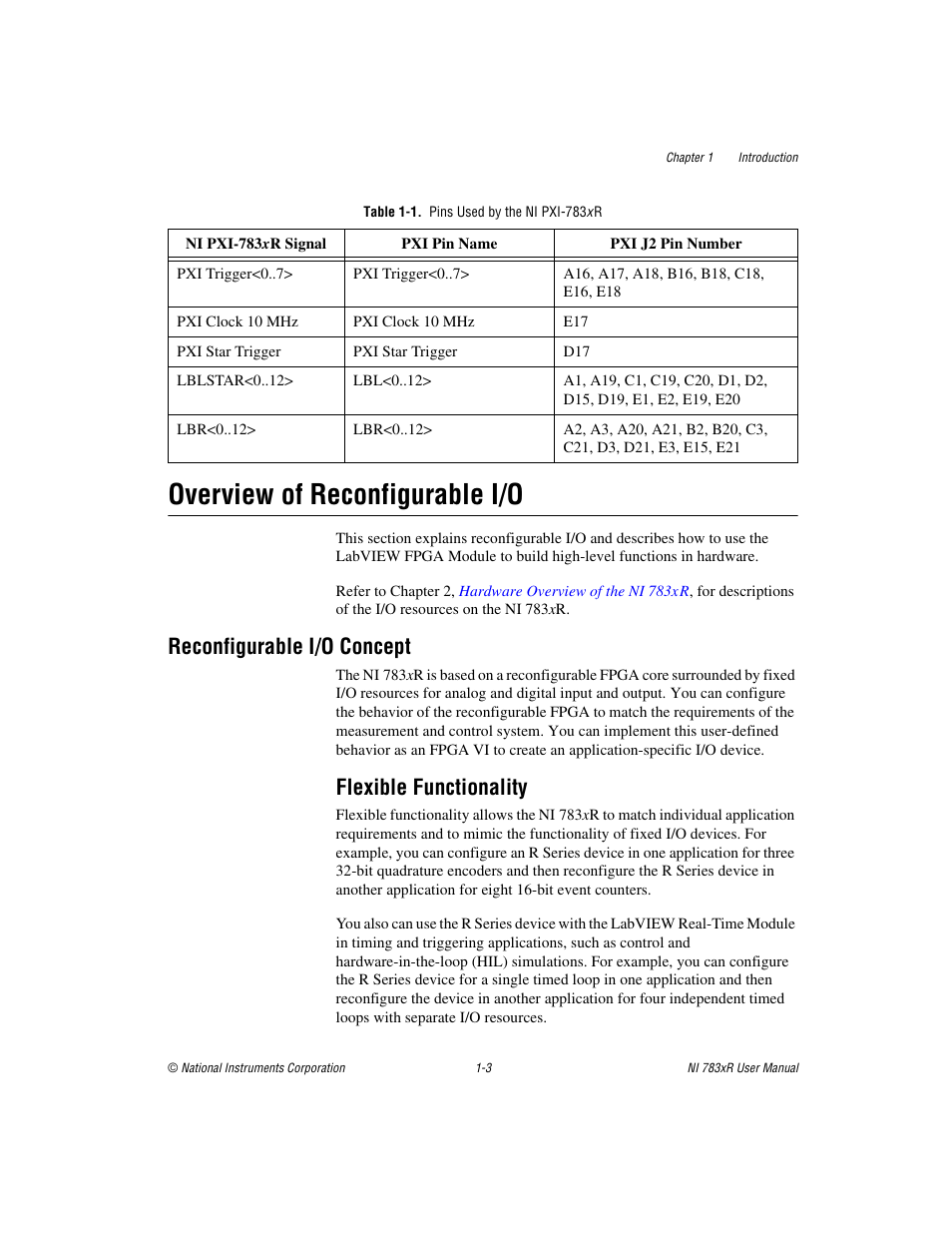 Table 1-1. pins used by the ni pxi-783x r, Overview of reconfigurable i/o, Reconfigurable i/o concept | Flexible functionality, Overview of reconfigurable i/o -3, Reconfigurable i/o concept -3, Flexible functionality -3 | National Instruments NI 783xR User Manual | Page 12 / 73