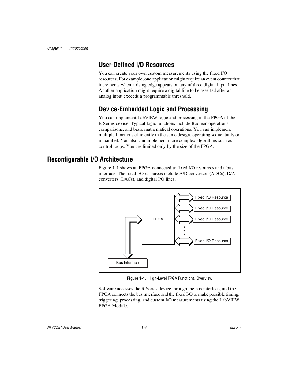 User-defined i/o resources, Device-embedded logic and processing, Reconfigurable i/o architecture | Figure 1-1. high-level fpga functional overview, Reconfigurable i/o architecture -4 | National Instruments NI 783xR User Manual | Page 13 / 73