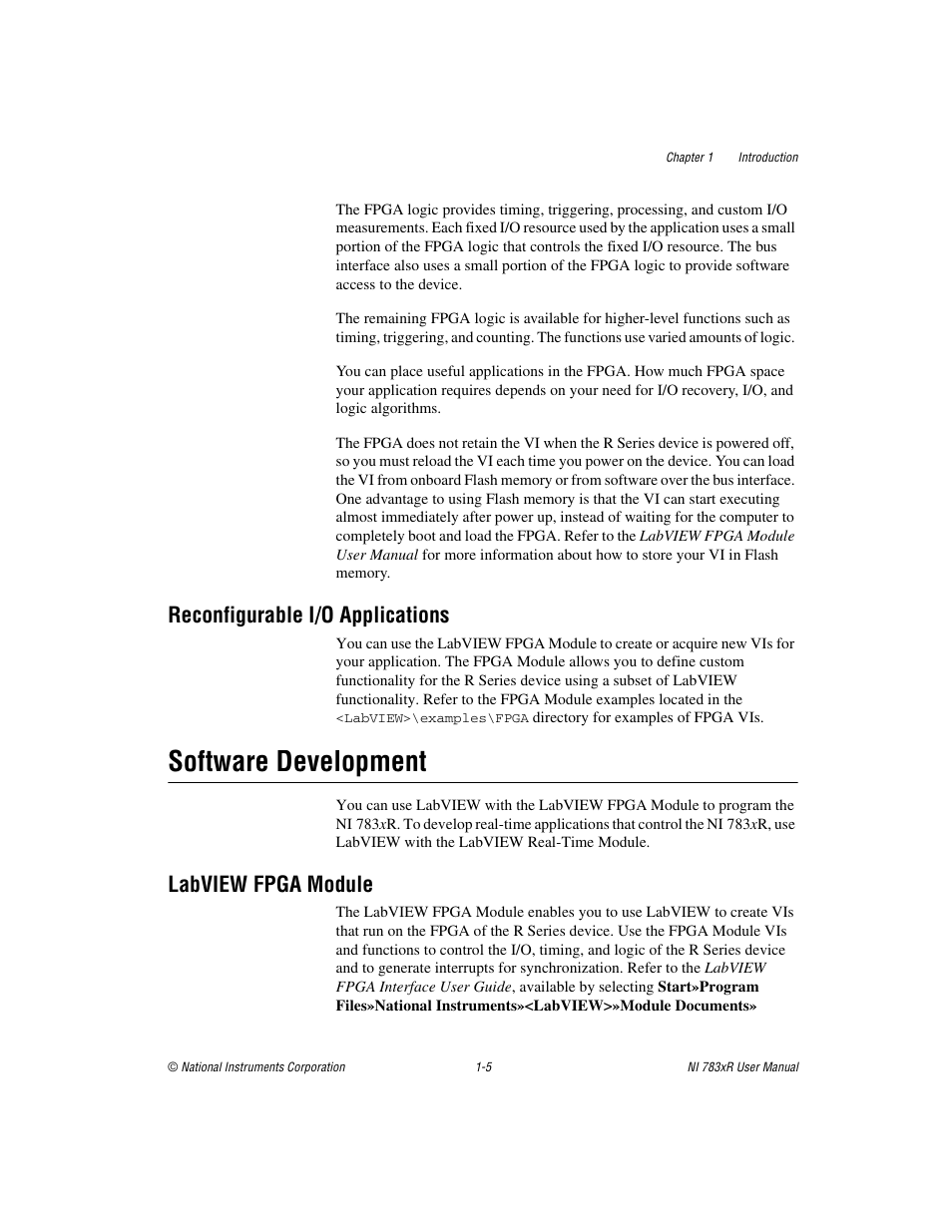 Reconfigurable i/o applications, Software development, Labview fpga module | Reconfigurable i/o applications -5, Software development -5, Labview fpga module -5 | National Instruments NI 783xR User Manual | Page 14 / 73