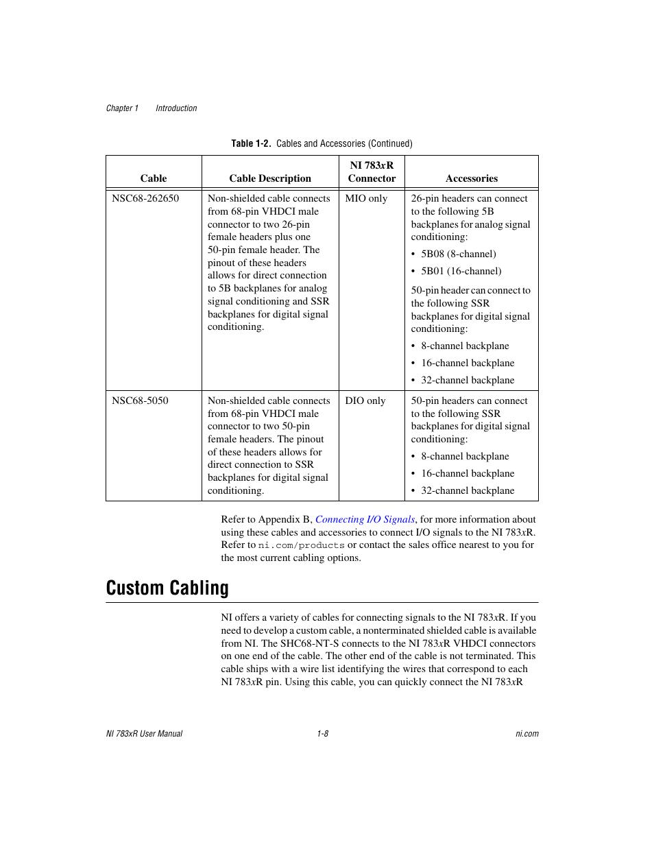 Custom cabling, Custom cabling -8 | National Instruments NI 783xR User Manual | Page 17 / 73