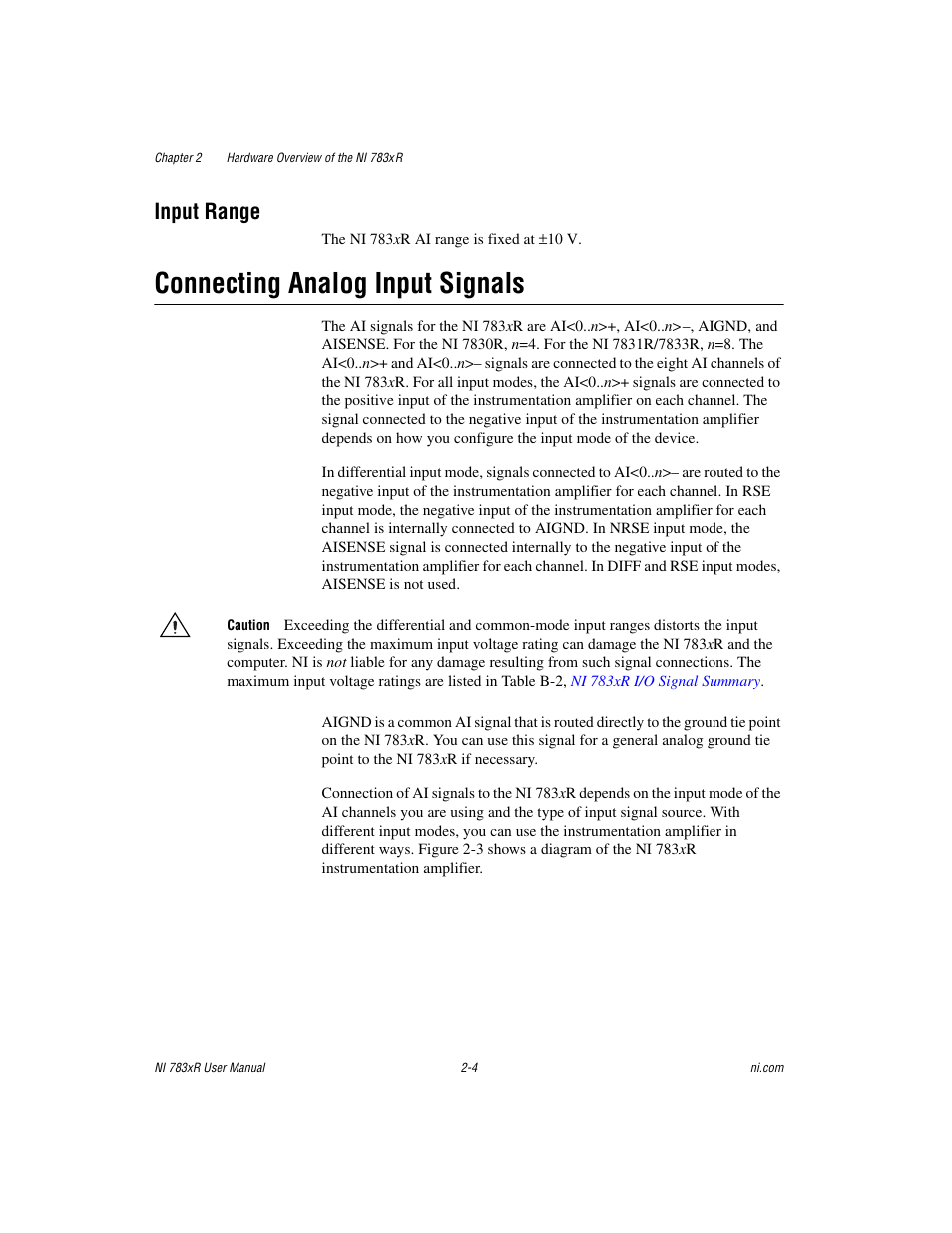 Input range, Connecting analog input signals, Input range -4 | Connecting analog input signals -4 | National Instruments NI 783xR User Manual | Page 23 / 73