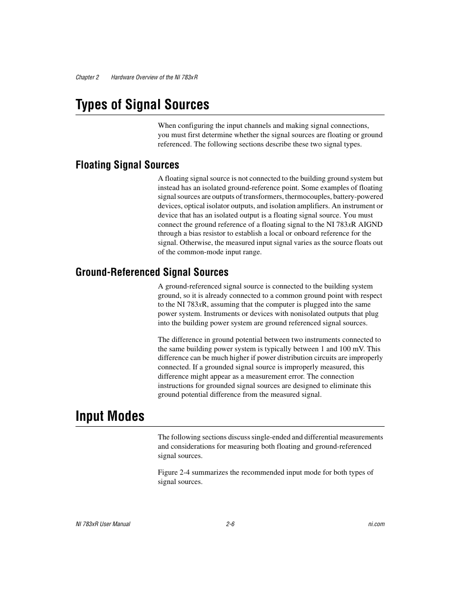 Types of signal sources, Floating signal sources, Ground-referenced signal sources | Input modes, Types of signal sources -6, Input modes -6 | National Instruments NI 783xR User Manual | Page 25 / 73