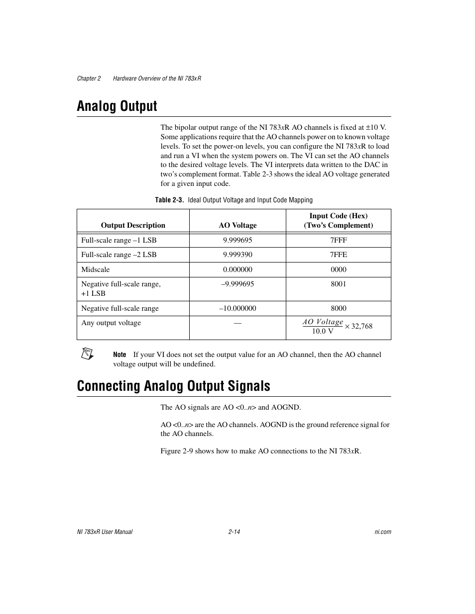 Analog output, Connecting analog output signals | National Instruments NI 783xR User Manual | Page 33 / 73