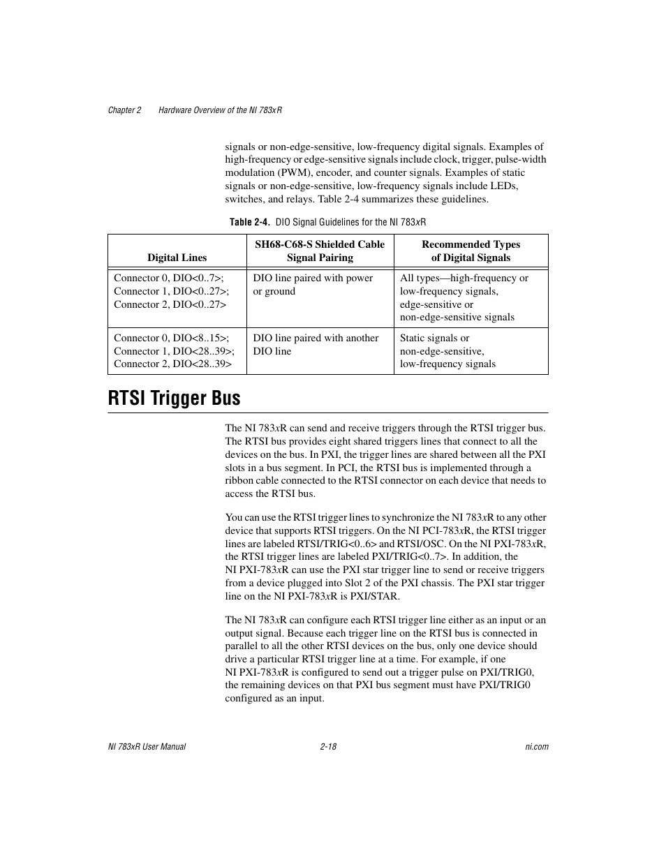 Table 2-4. dio signal guidelines for the ni 783x r, Rtsi trigger bus, Rtsi trigger bus -18 | National Instruments NI 783xR User Manual | Page 37 / 73