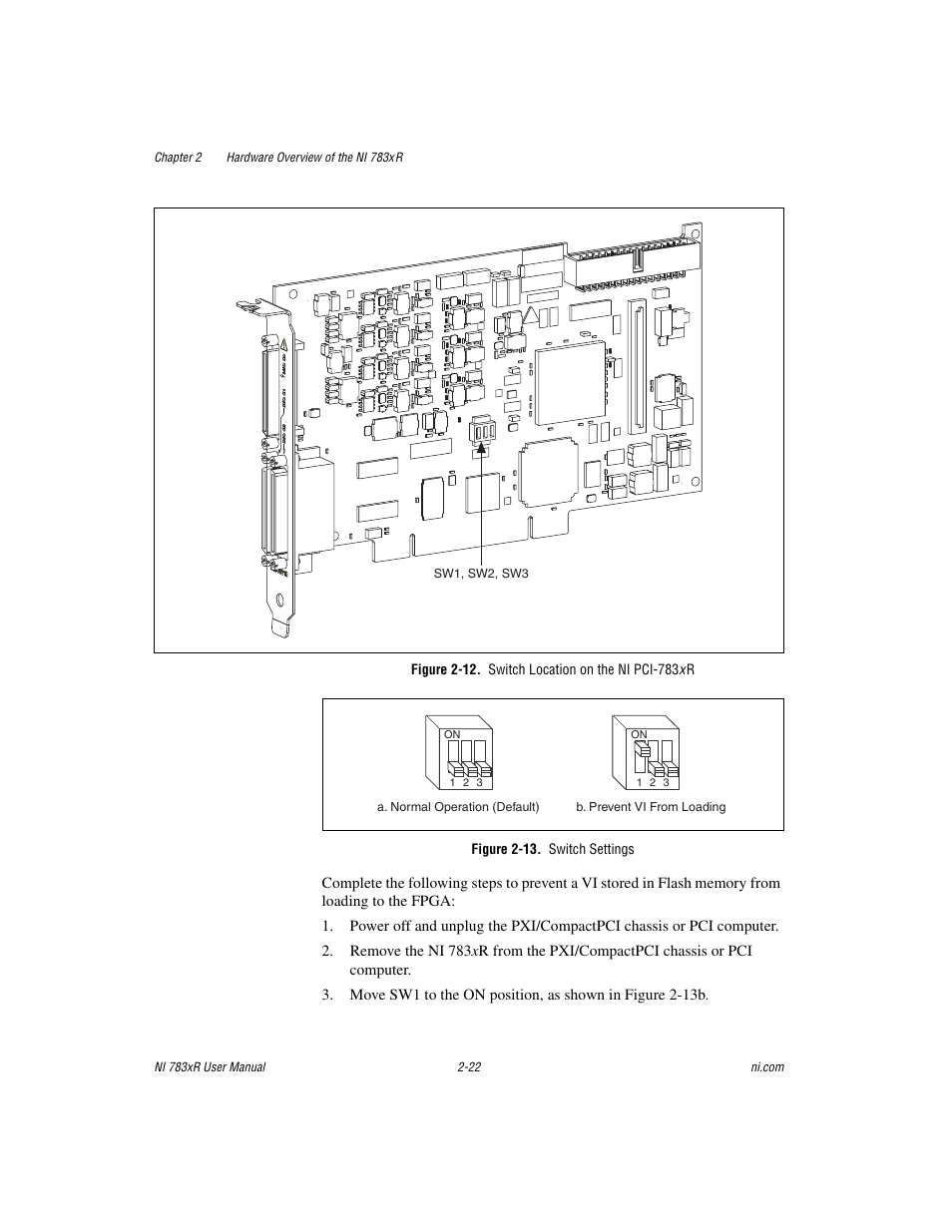 Figure 2-12. switch location on the ni pci-783x r, Figure 2-13. switch settings | National Instruments NI 783xR User Manual | Page 41 / 73