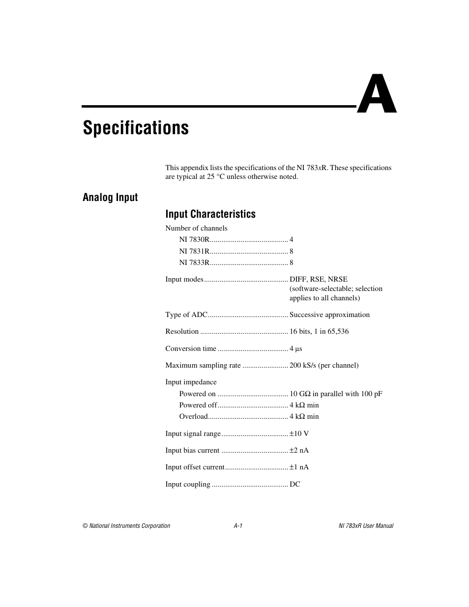 Appendix a specifications, Ix a, Specifications | National Instruments NI 783xR User Manual | Page 46 / 73