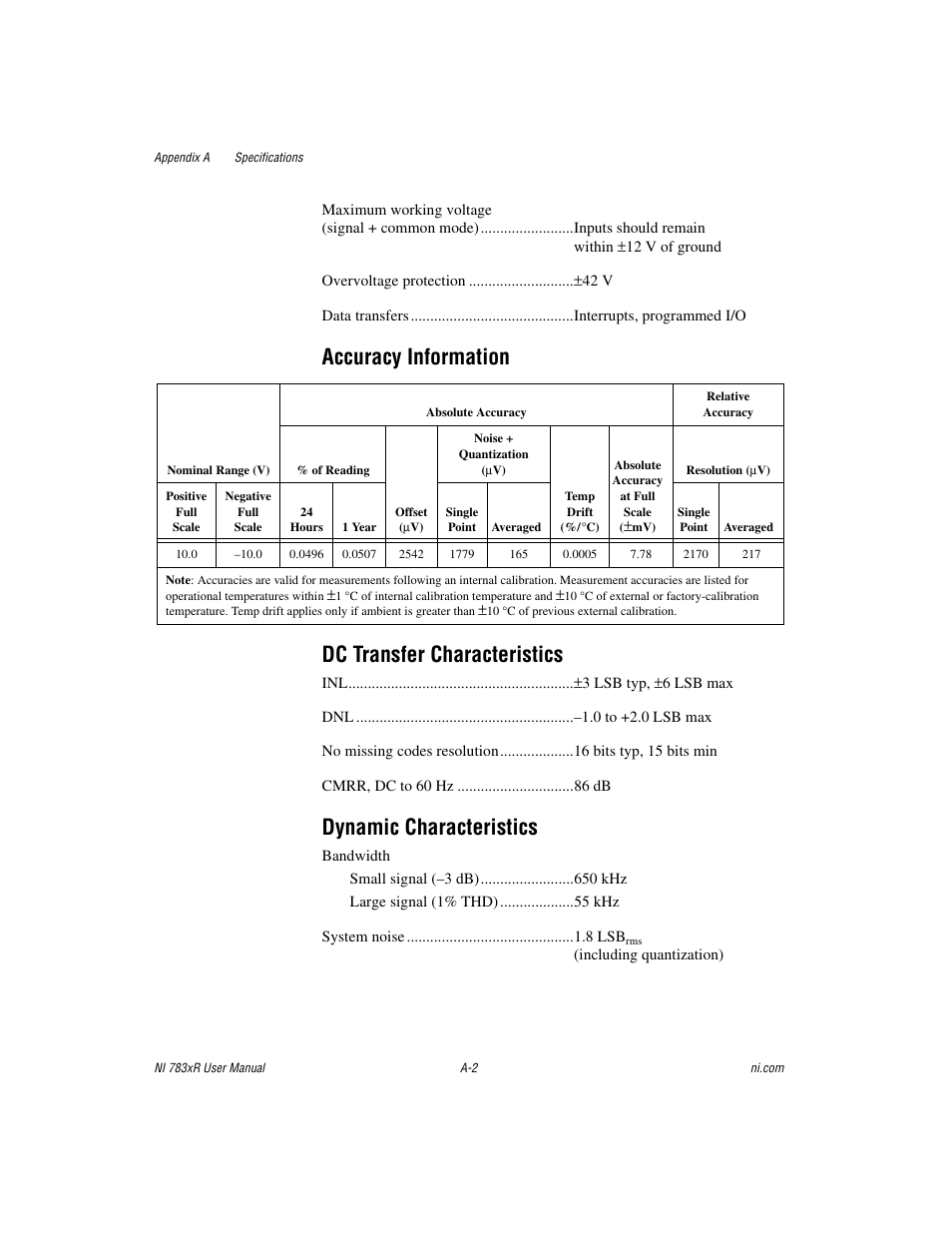 Maximum working voltage, In appendix, Accuracy information dc transfer characteristics | Dynamic characteristics | National Instruments NI 783xR User Manual | Page 47 / 73