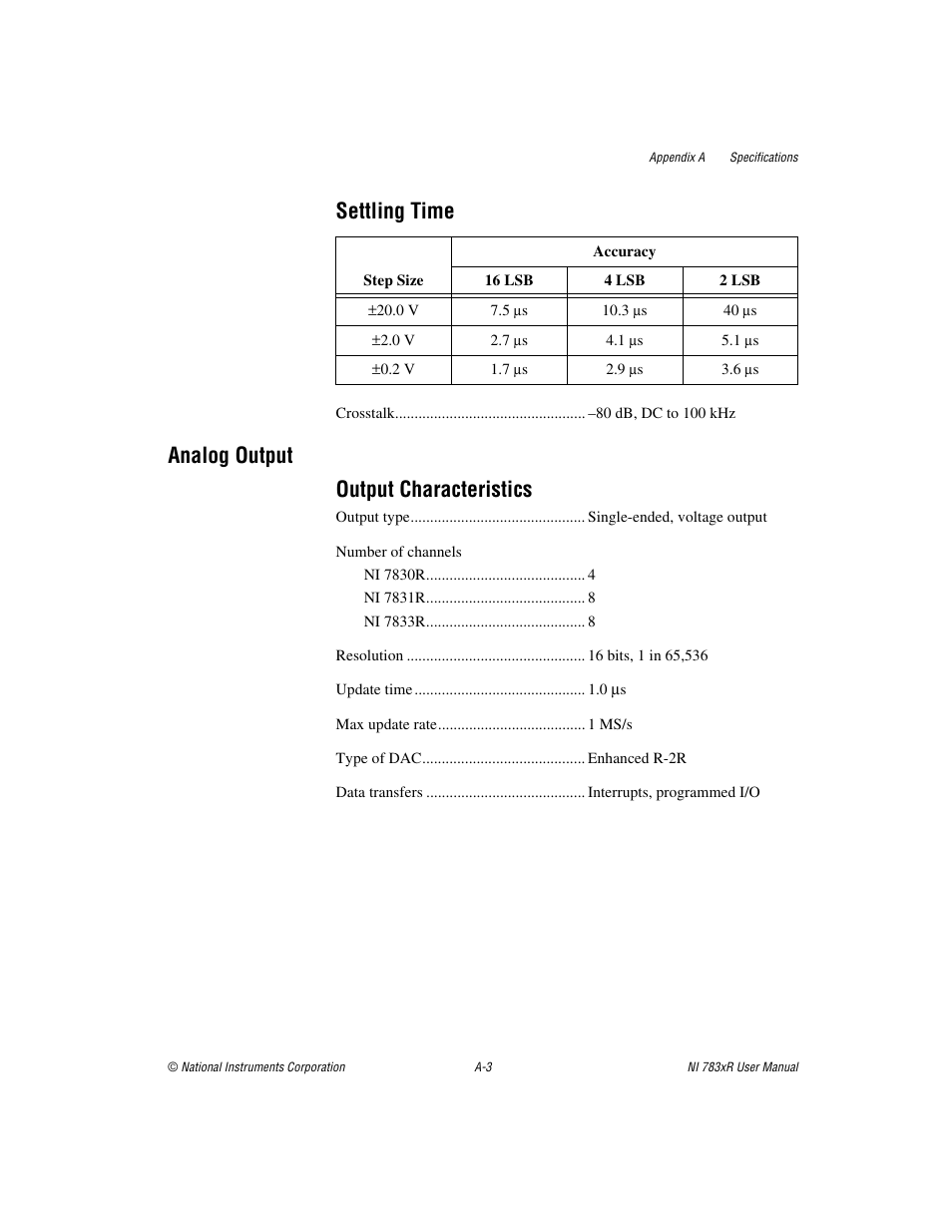 Settling time, Analog output output characteristics | National Instruments NI 783xR User Manual | Page 48 / 73