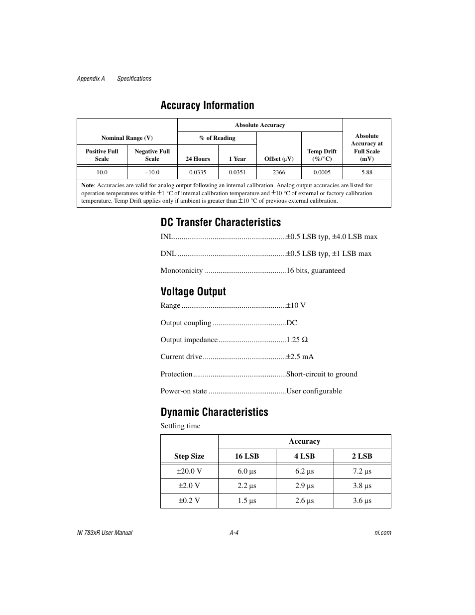 Accuracy information dc transfer characteristics, Voltage output, Dynamic characteristics | National Instruments NI 783xR User Manual | Page 49 / 73