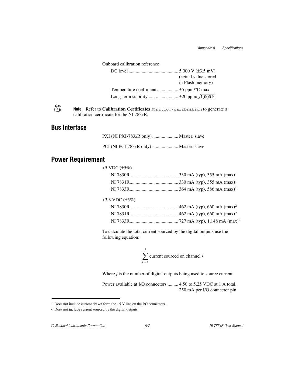Bus interface, Power requirement | National Instruments NI 783xR User Manual | Page 52 / 73