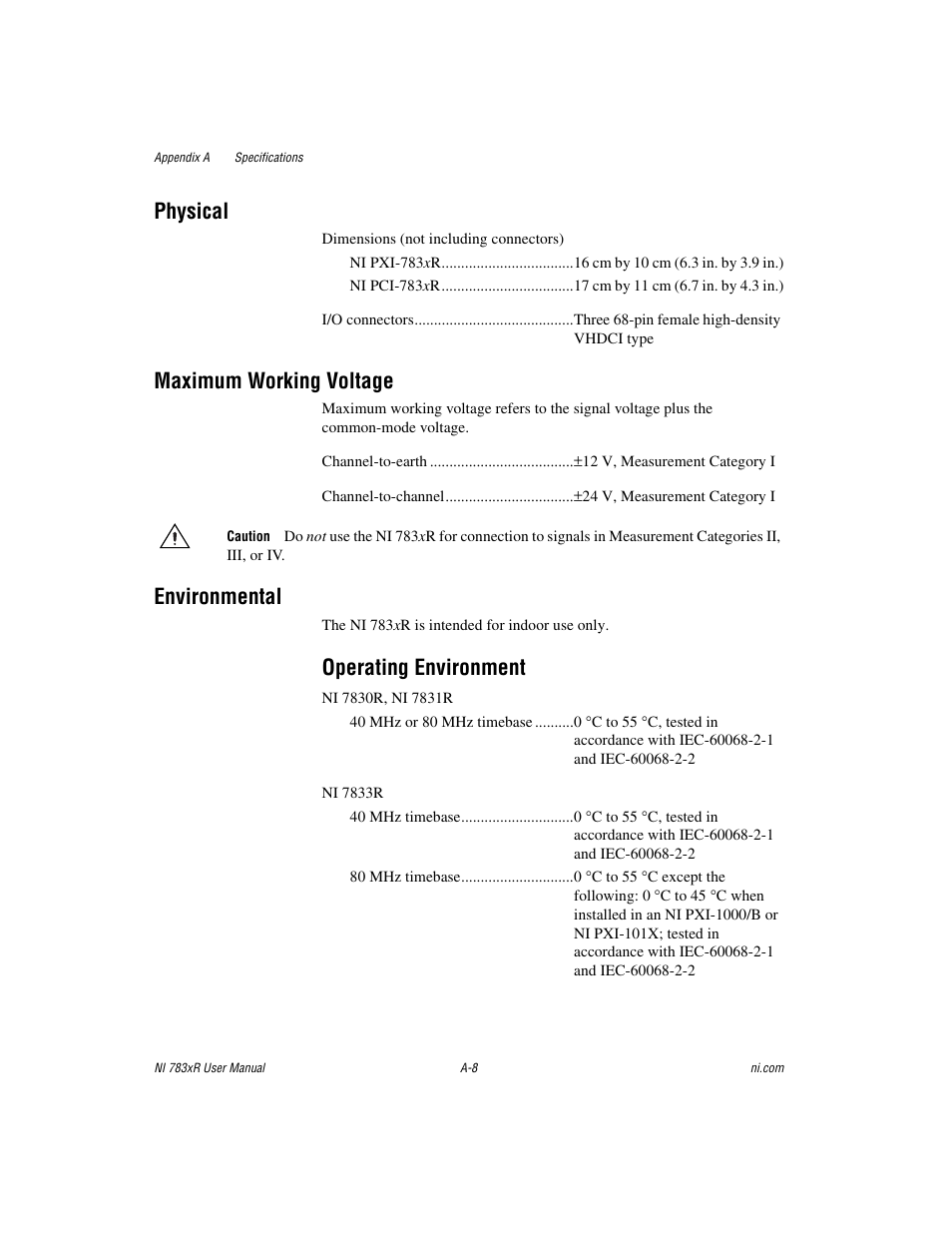 Physical, Maximum working voltage, Environmental | Operating environment | National Instruments NI 783xR User Manual | Page 53 / 73